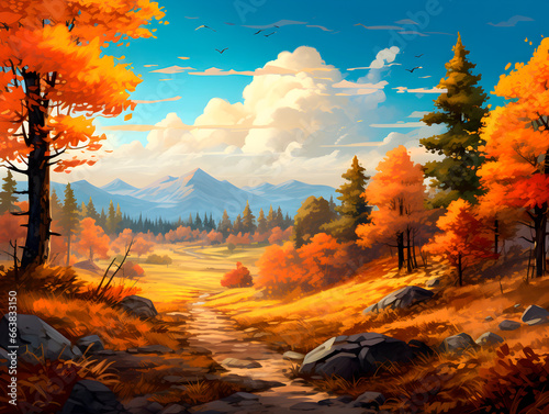 Beautiful autumn landscape with orange leaves and beeming sun