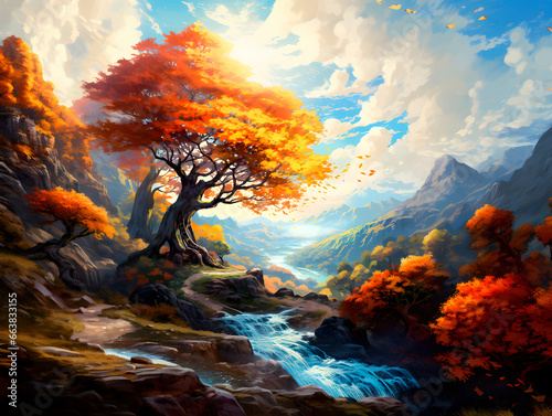 Beautiful autumn landscape with orange leaves and beeming sun