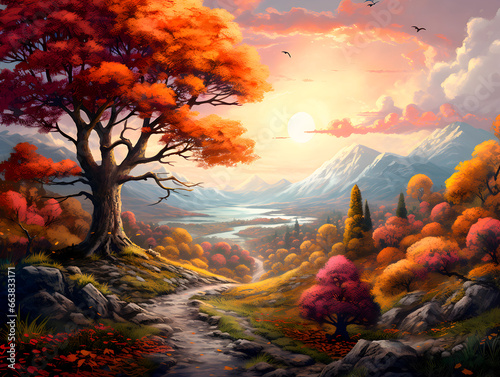 Beautiful autumn landscape with orange leaves and beeming sun