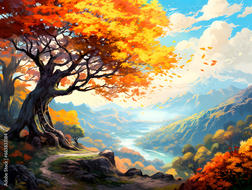 Beautiful autumn landscape with orange leaves and beeming sun
