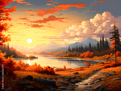 Beautiful autumn landscape with orange leaves and beeming sun