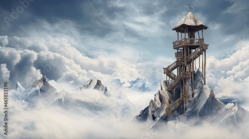 Perched atop a mountain, the wooden tower stands tall against the backdrop of cloudy skies and pristine snow. © Mahenz