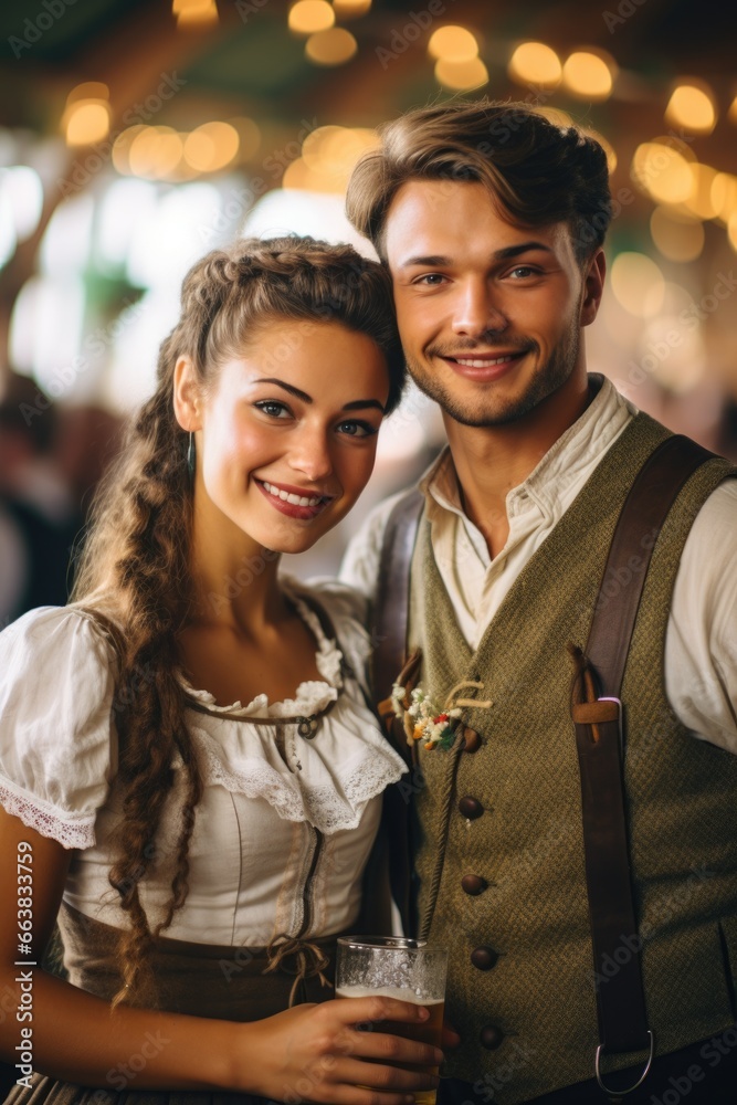 couple celebrating Oktoberfest on bar background. AI Generated couple celebrating Oktoberfest on bar background. AI Generated
