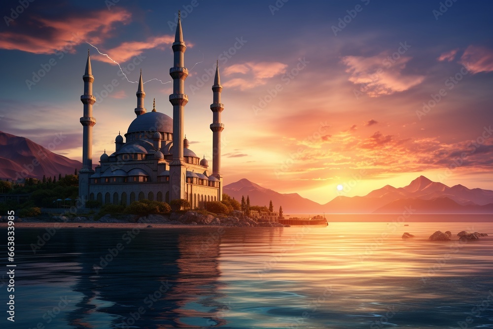 A Mosque by the Seashore at Sunset: Captivating Horizon