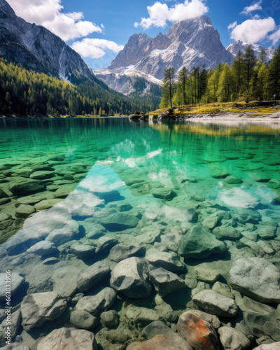 a photo of a breathtaking mountain panorama with a crystal-clear lake in the Alps Aspect Ratio 4:5 © Erich