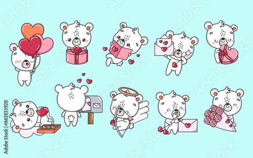 Set of Cartoon Kawaii Polar Bear Illustrations in Love. Collection of Cute Vector Isolated Baby Bear