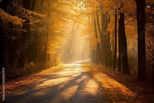 Capturing Autumn's Beauty: Forest Road with Sunbeams and Yellow Leaves - High Quality Photo