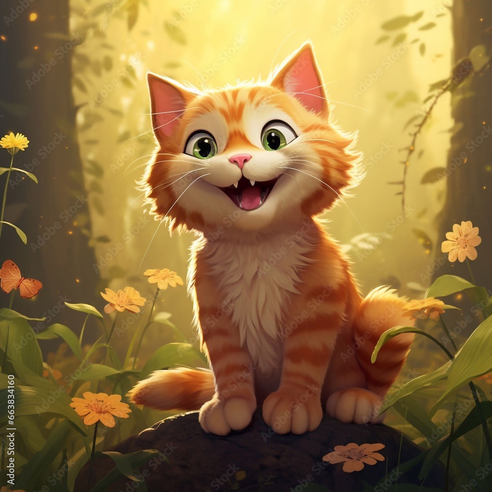 Happy ginger cat cartoon style