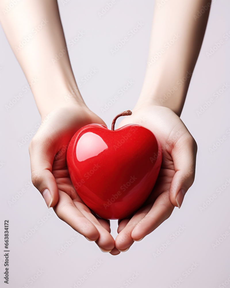 Woman's hands holding a heart shaped fresh red apple on white background. Food charity or fight with hunger conceptual image Woman's hands holding a heart shaped fresh red apple on white background. Food charity or fight with hunger conceptual image