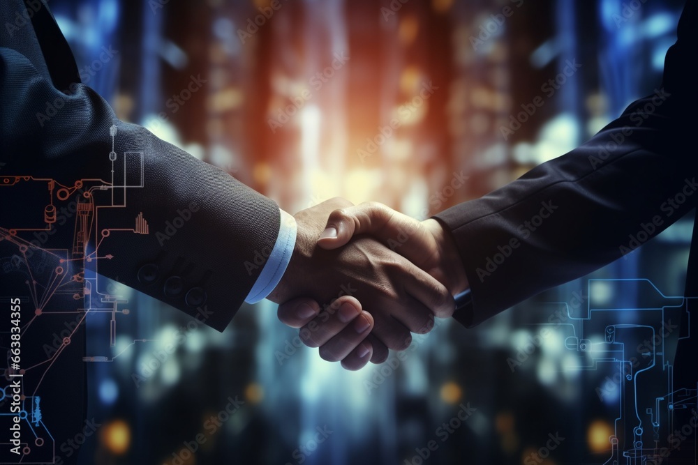 High-Quality Close-Up of Business People Shaking Hands Against a Technology Background - obrazy, fototapety, plakaty 