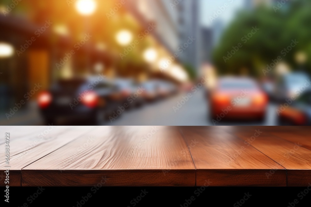 Empty Wooden Table with Blurred Car Background and Bokeh Light: High Quality Photo