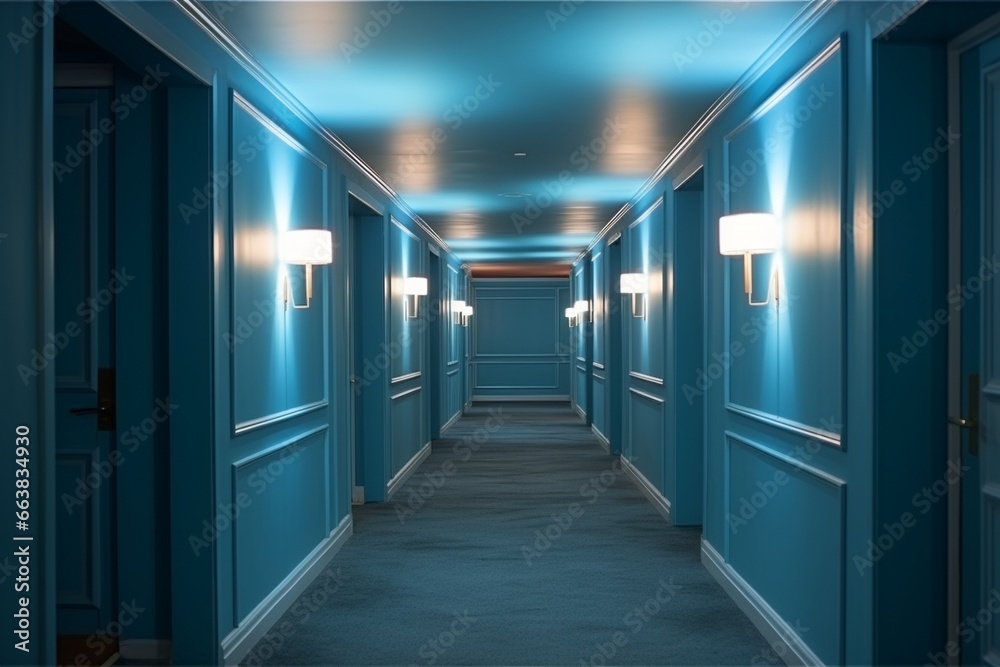 Elegant Hotel Corridor: Long Passage with Blue Walls, Doors, and Lamps Elegant Hotel Corridor: Long Passage with Blue Walls, Doors, and Lamps