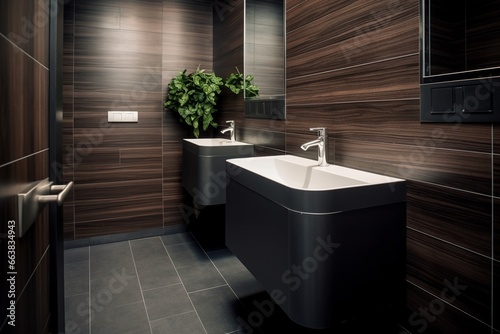 Contemporary Public Restroom  Dark Wooden Wall and Tiled Floor Design