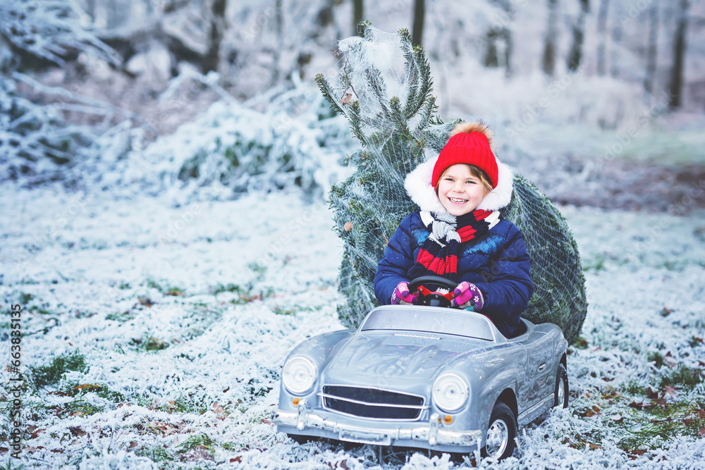 Happy little smiling girl driving toy car with Christmas tree. Funny preschool child in winter clothes bringing hewed xmas tree from snowy forest. Family, tradition, holiday.
