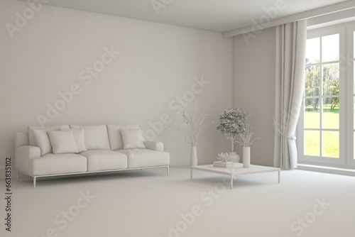 Bright interior design with modern furniture and summer landscape in window. 3D illustration