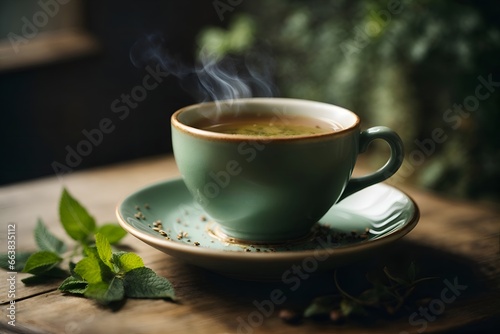 A warm cup of herbal tea or coffee symbolizes self-care and relaxation.
