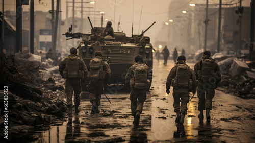 Battle tanks riding through war torn city street. Soldier following.