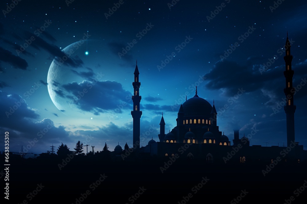 Moonlit Mosque Silhouette in the Night Sky