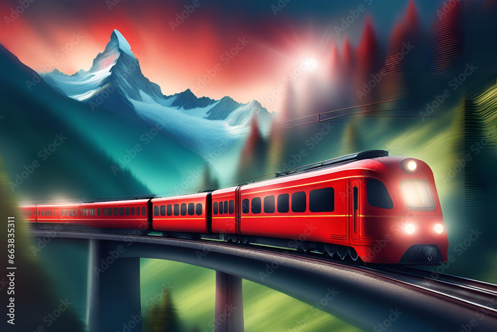 Train on the road in the mountains at night. Generative AI