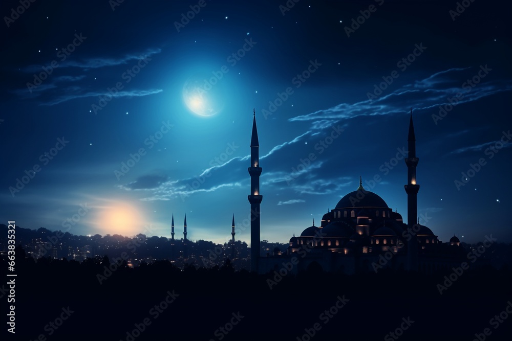 Moonlit Mosque Silhouette in the Night Sky