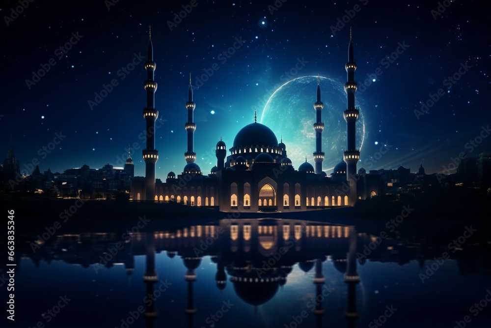 Moonlit Mosque Silhouette in the Night Sky