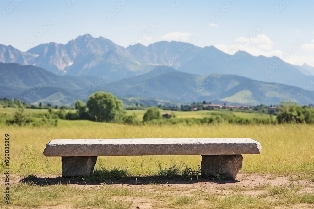 Serenity's Embrace: Mountain Vista with Stone Bench Serenity's Embrace: Mountain Vista with Stone Bench