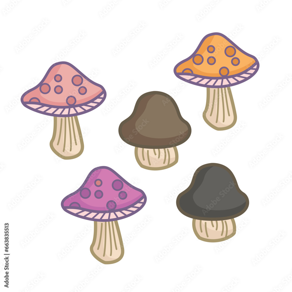 Cute Colorful Mushrooms Cartoon Illustration Vector Clipart Sticker Decoration