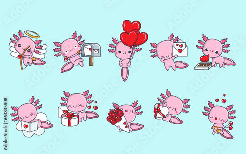 Set of Cartoon Kawaii Axolotl Illustrations in Love. Collection of Cute Vector Isolated Baby Axolotl