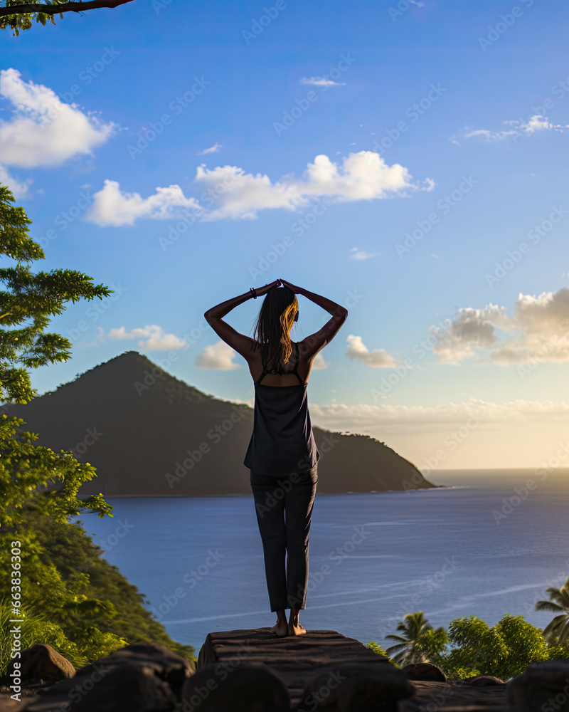 Φωτογραφία Woman performing the Sun Salutation yoga pose at the Sea Side with the Sun in Ba