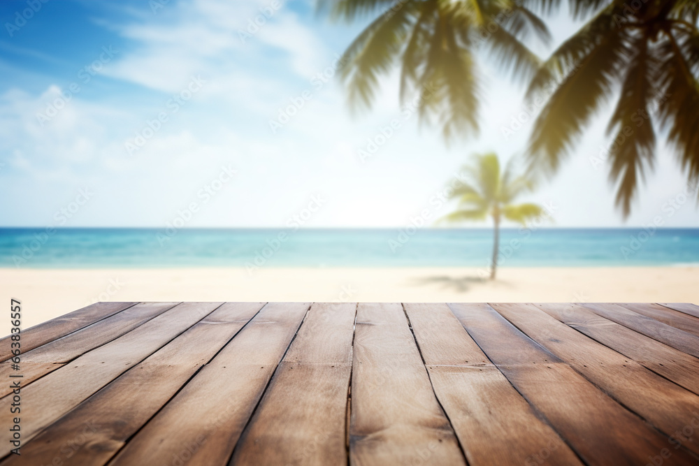 Wooden table top on blurred tropical beach background - can be used for display or montage your products. Background layout