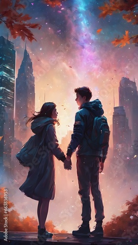 A couple holding hands has a beautiful background.