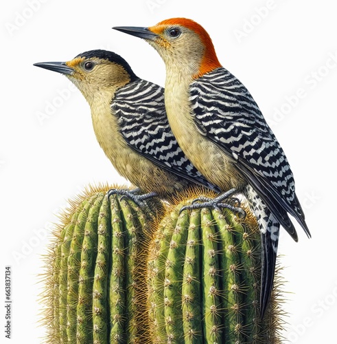 A male and female Gila woodpecker perched on a cactus isolated on a white background photo