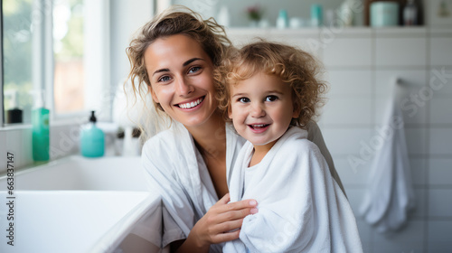 Mom and baby are brushing their teeth.