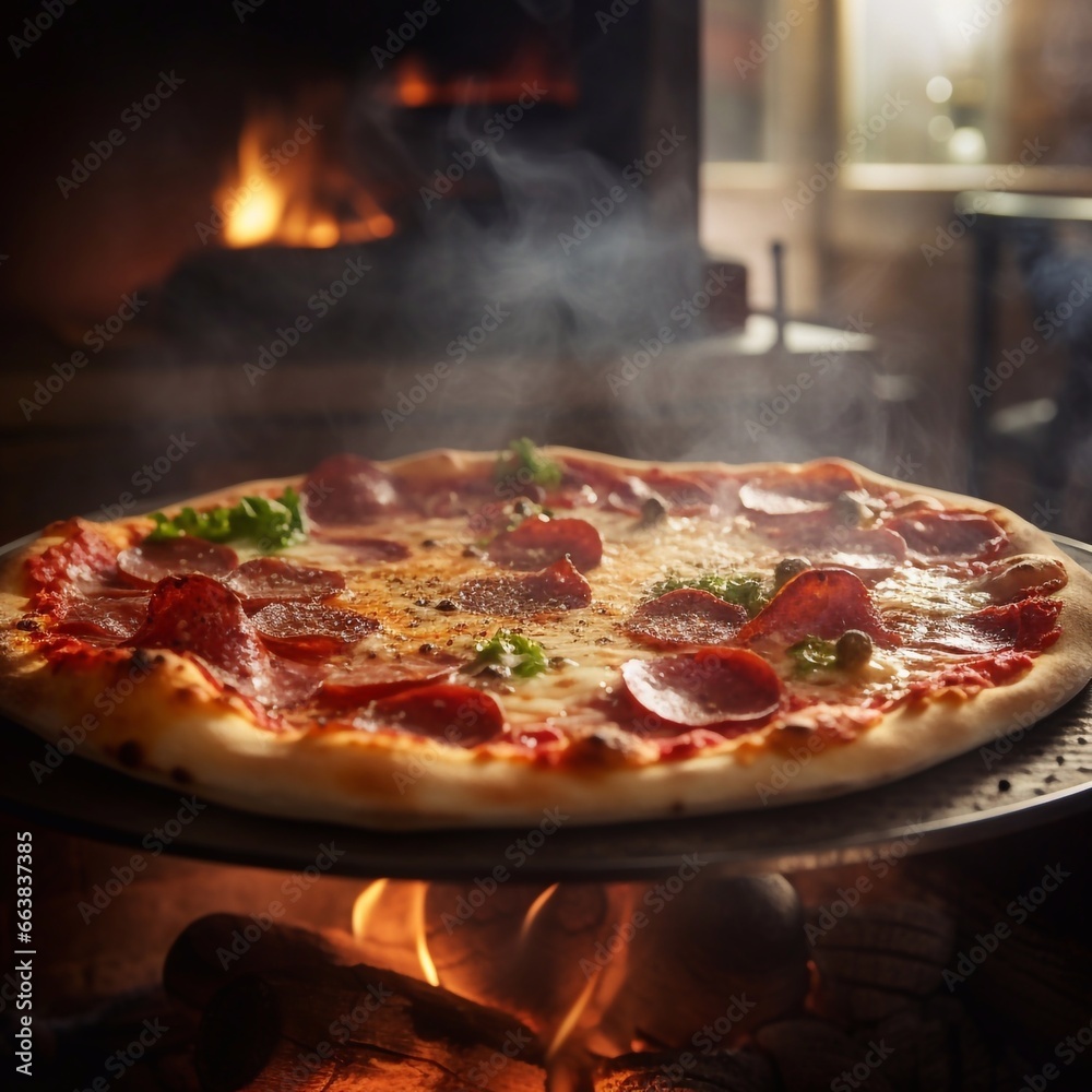 juicy pepperoni pizza, with smoke, background of a blurred Italian cognac oven