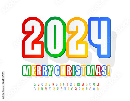 Vector colorful Greeting Card Happy New Year 2024! Bright Kids Font. Sticker style Alphabet Letters, Numbers and Symbols.