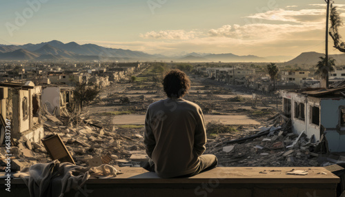 Portrait of man looking over destroyed town. Back to camera.