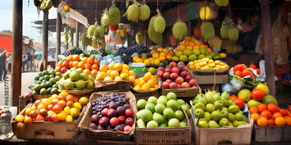 Traditional fruit market, neat arrangement of fruit using wooden boxes