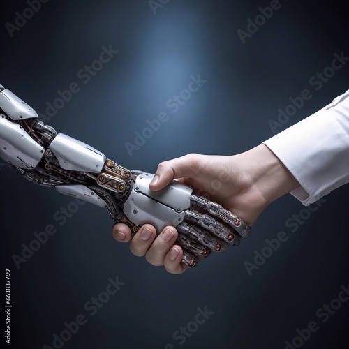 Robot and human in handshake. Concept of human robot relationships.