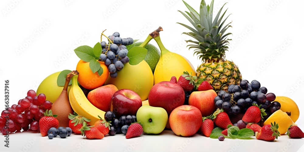 various kinds of fresh fruit, grapes, bananas, pineapples, apples etc., on a white background