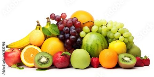 various kinds of fresh fruit  grapes  bananas  pineapples  apples etc.  on a white background