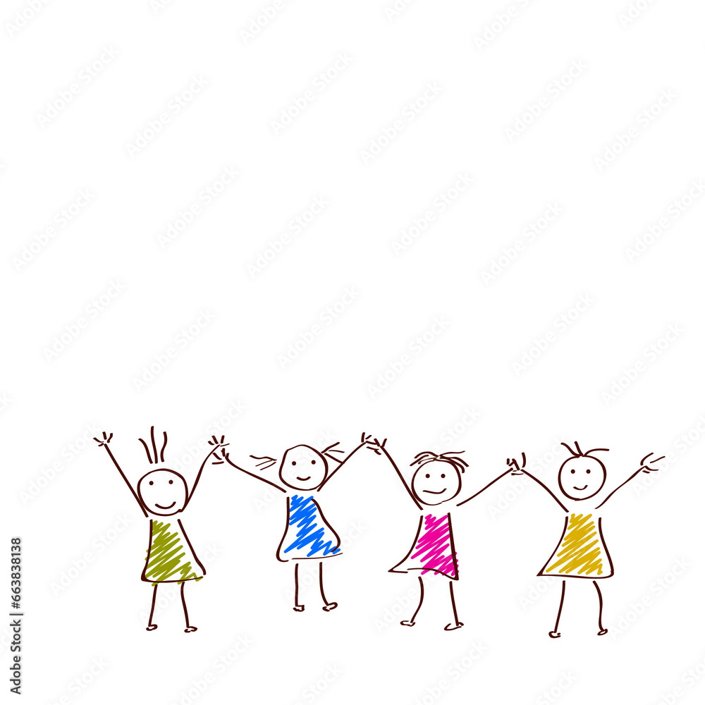 Hand-Drawn Illustration of Cartoon Cheerful Children Standing Together on PNG Background. Hand-Drawn Illustration of Cartoon Cheerful Children Standing Together on PNG Background.