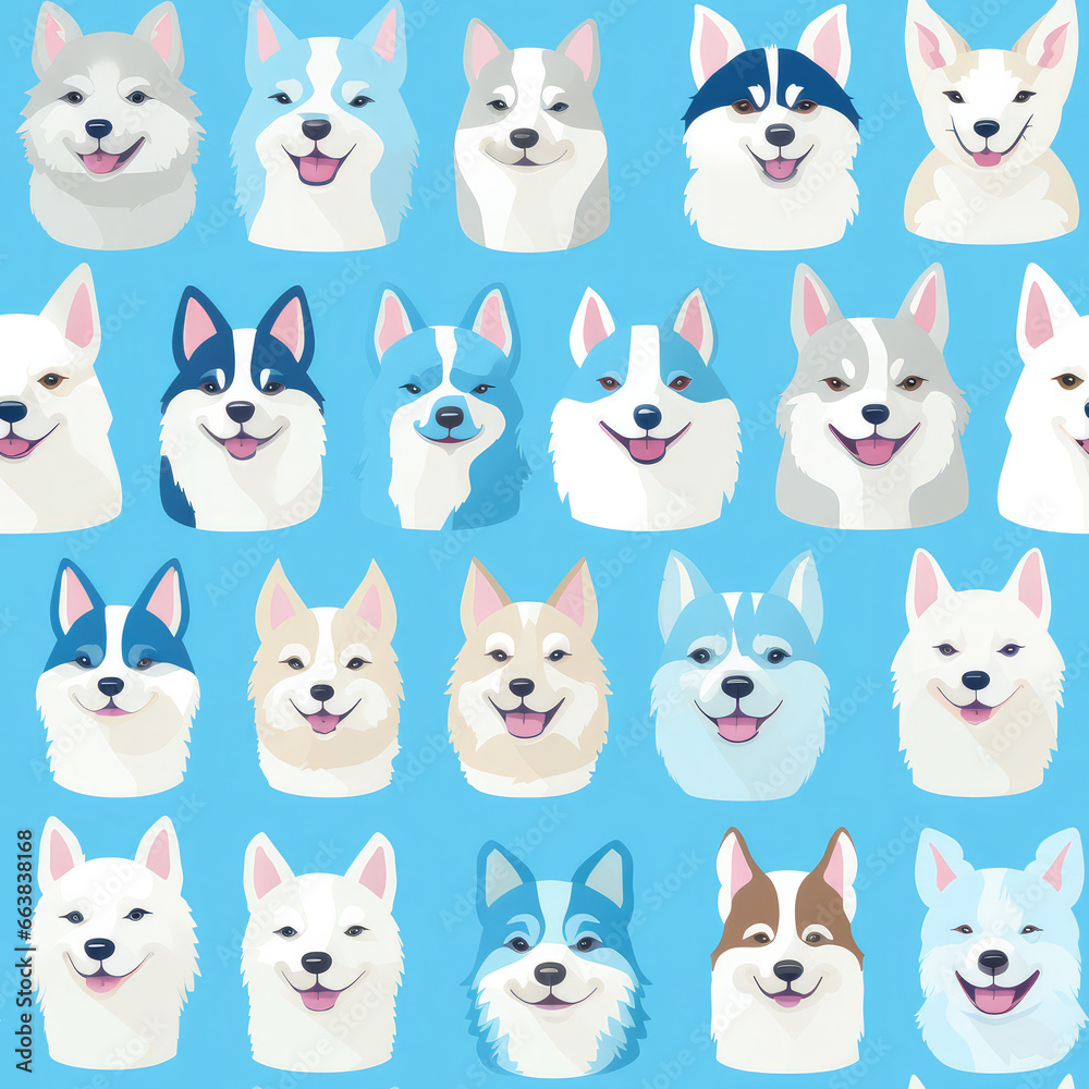 Siberian Huskies dogs breed cute cartoon repeat pattern