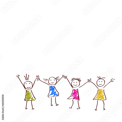 Hand-Drawn Illustration of Cartoon Cheerful Children Standing Together on PNG Background.