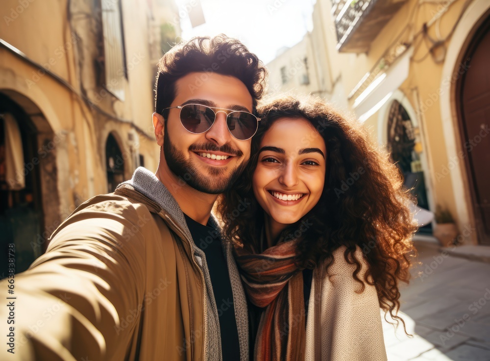 A happy couple posing for a selfie in the city. Fictional characters created by Generated AI.