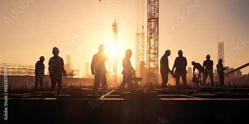 AI Generated. AI Generative. Silhouette of construction workers at high building work at sunset time day. Real estate agency cunstruction promotion photo