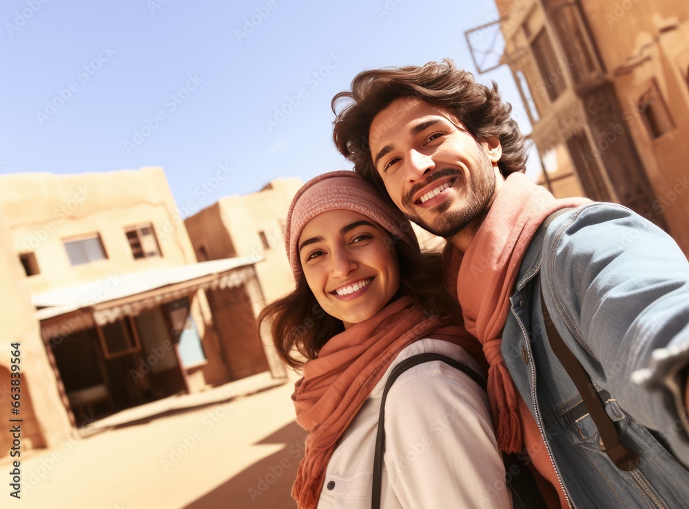 A happy couple posing for a picture in a desert town. Fictional characters created by Generated AI.