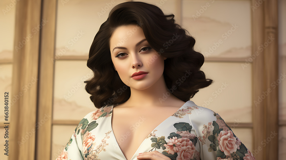 Plus-Size Model in Cheongsam on Pastel Studio Background Plus-Size Model in Cheongsam on Pastel Studio Background