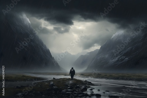 Hikers in dark storm in middle of valley, Copy space.