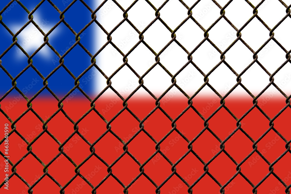 Naklejka premium A steel mesh against the background of the flag Chile.