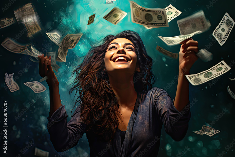 the girl is excited and is holding money up, joy of winning the lottery - obrazy, fototapety, plakaty 